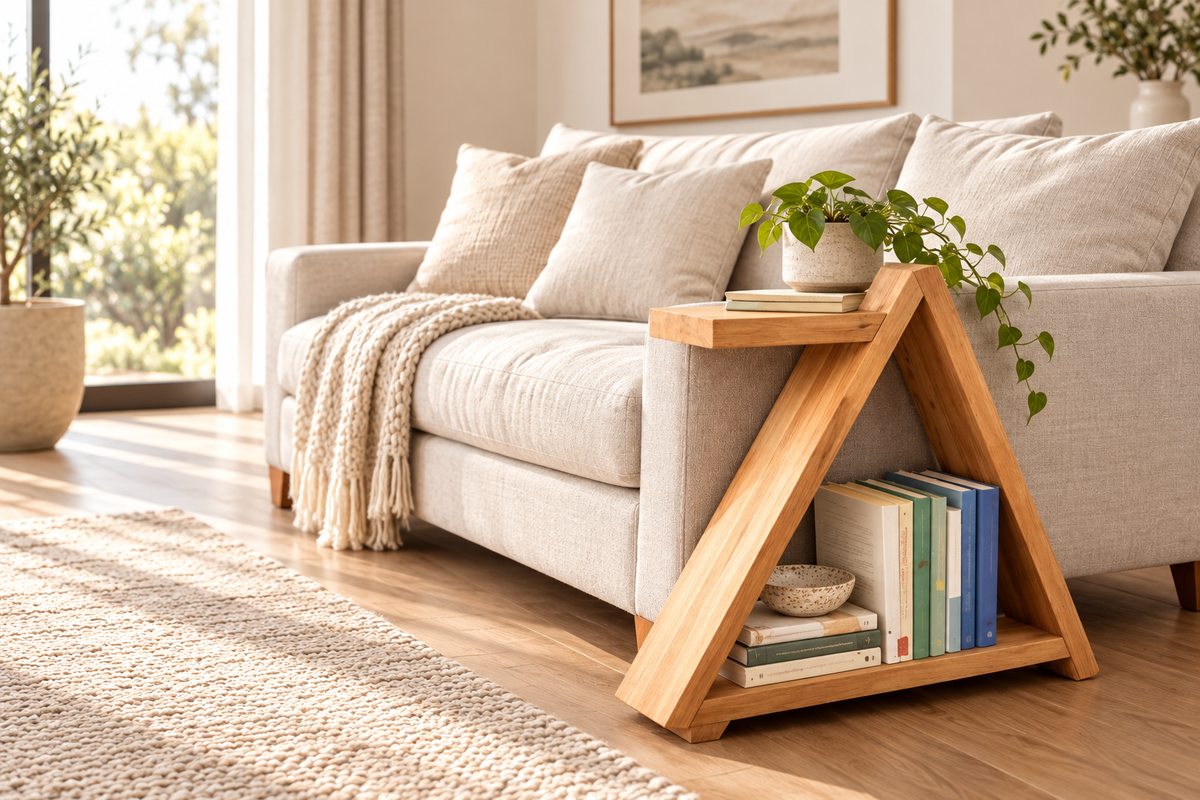 A-frame solid timber sofa-side table displayed beside a cream sofa in a bright, warm-neutral living room