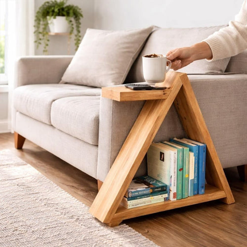 A-frame solid timber sofa side table with lower shelf