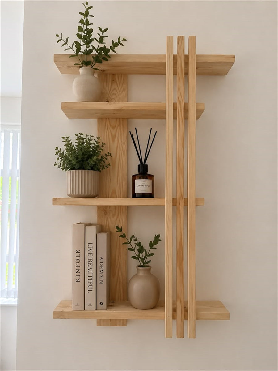 Wall-mounted timber display shelf with three ledges and vertical slats.