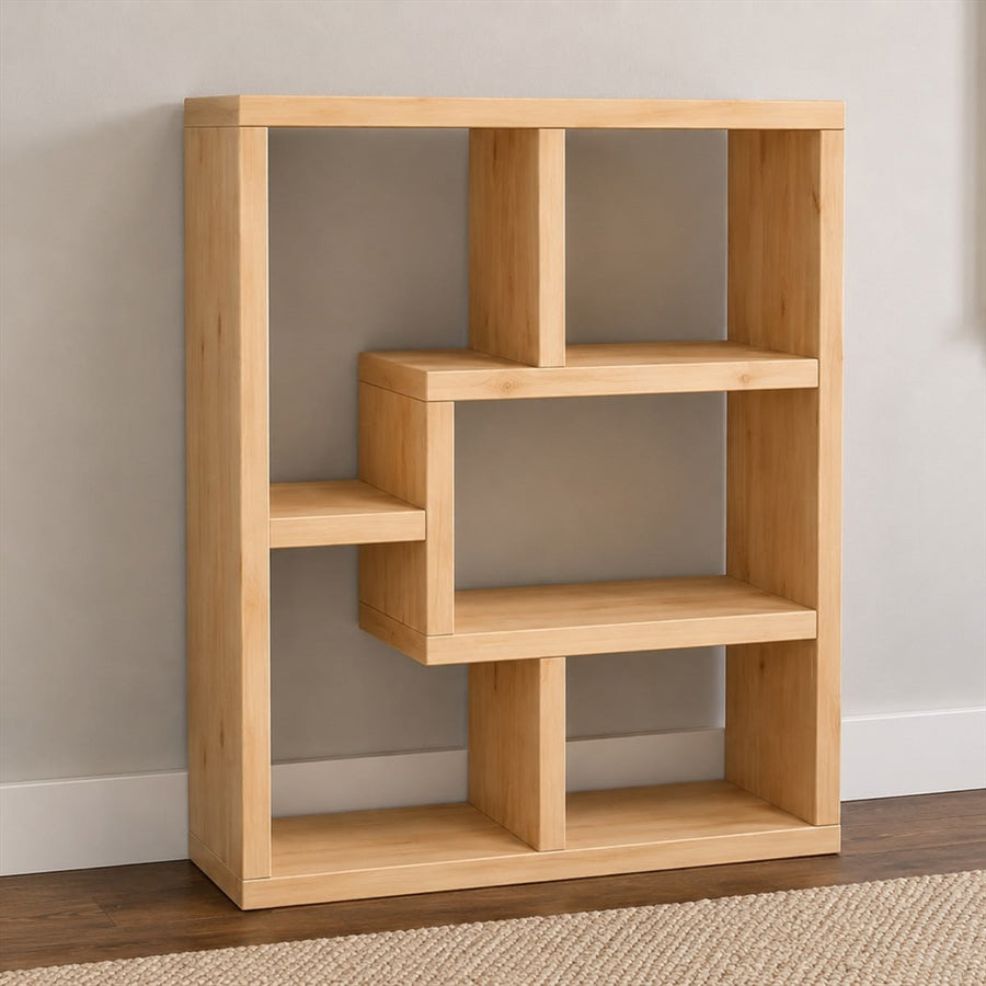Timber open bookcase with staggered rectangular compartments.